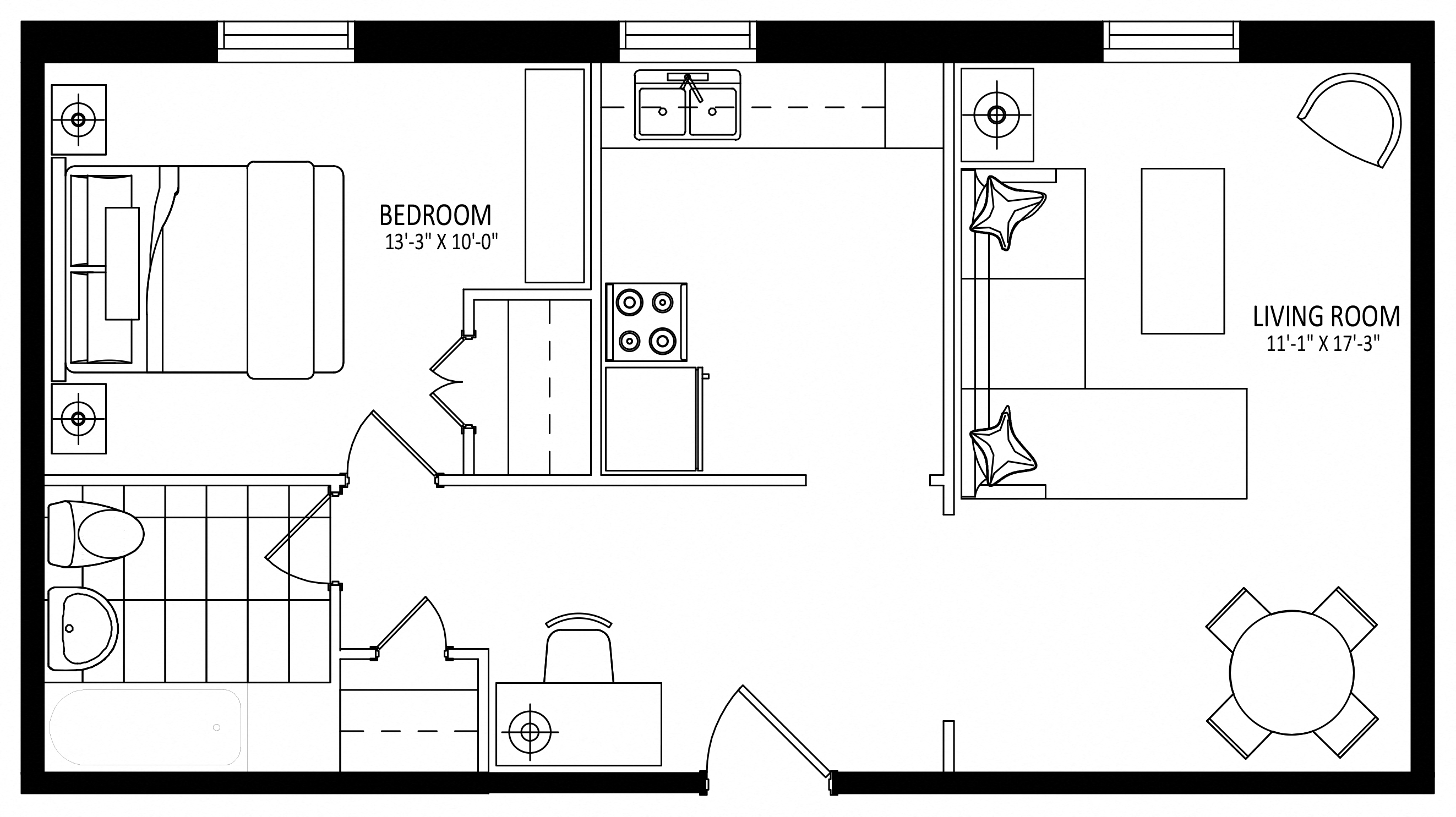 Floor plan for 1 bed, 1 bath, 654 sqft